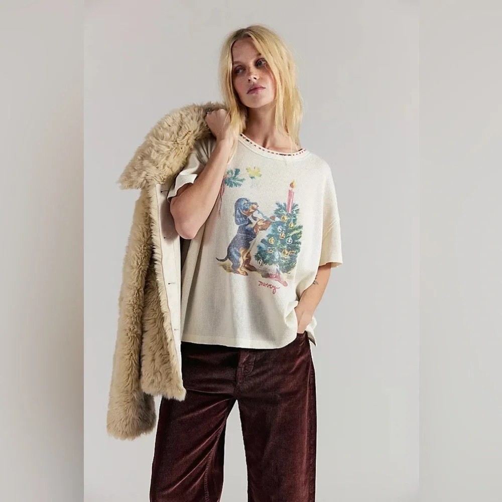 Free People X We The Free Merry Meowy Tee in Ivory Combo